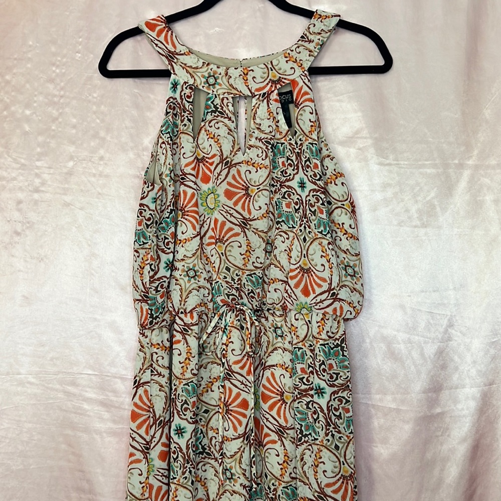 Long Tan dress with colorful Pattern